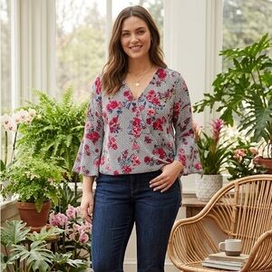 BCX Floral Striped V-Neck Bell Sleeve Top - Pink/White